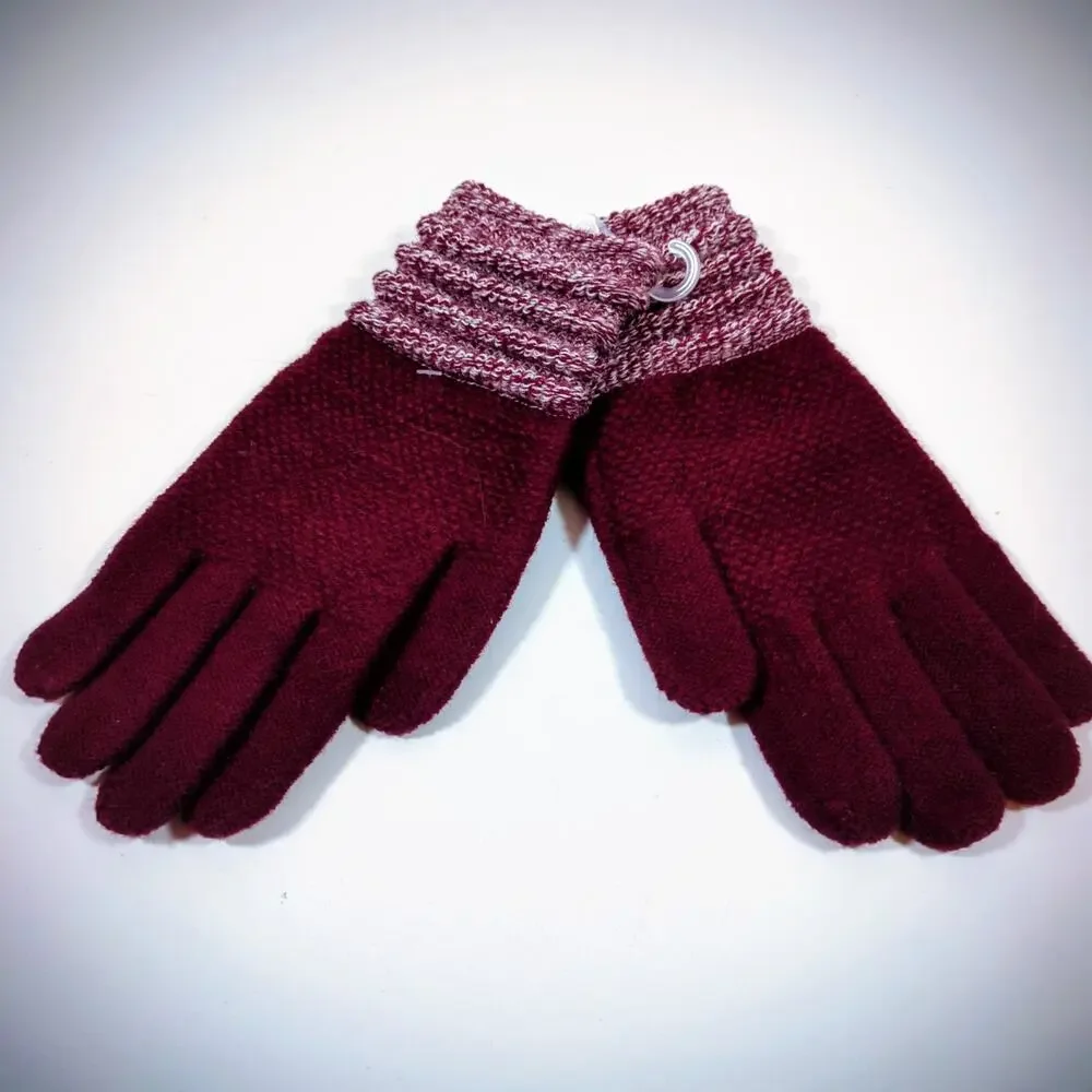 Britt's Knits Originals Women's Wine Burgundy Knit Gloves Button Accent NWT